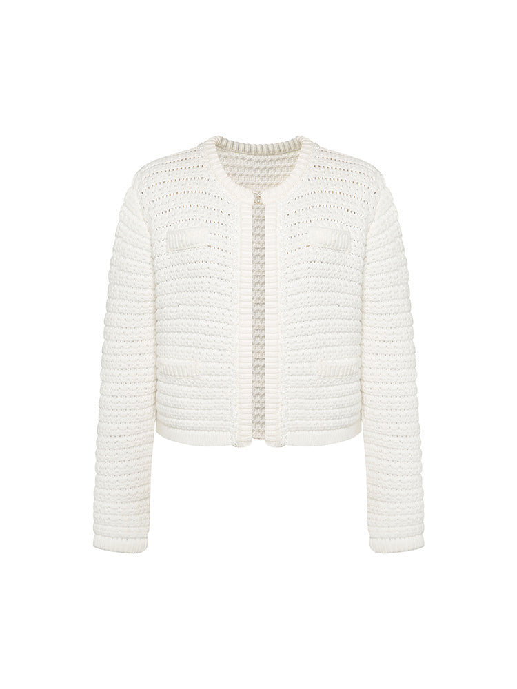 White Knit Cardigan with Textured Pattern