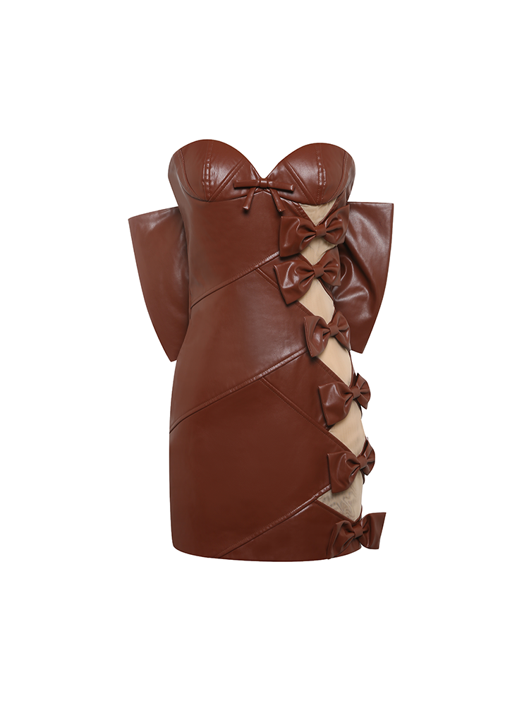 Caramel Bow PU Leather Dress Maison Wester | Women's Luxury Clothing & Designer Brand Caramel Bow PU Leather Dress Maison Wester | Women's Luxury Clothing & Designer Brand