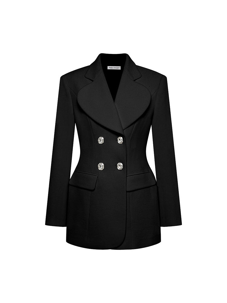 Blazer with Double Row Square Rhinestone Buttons and Wide Lapels