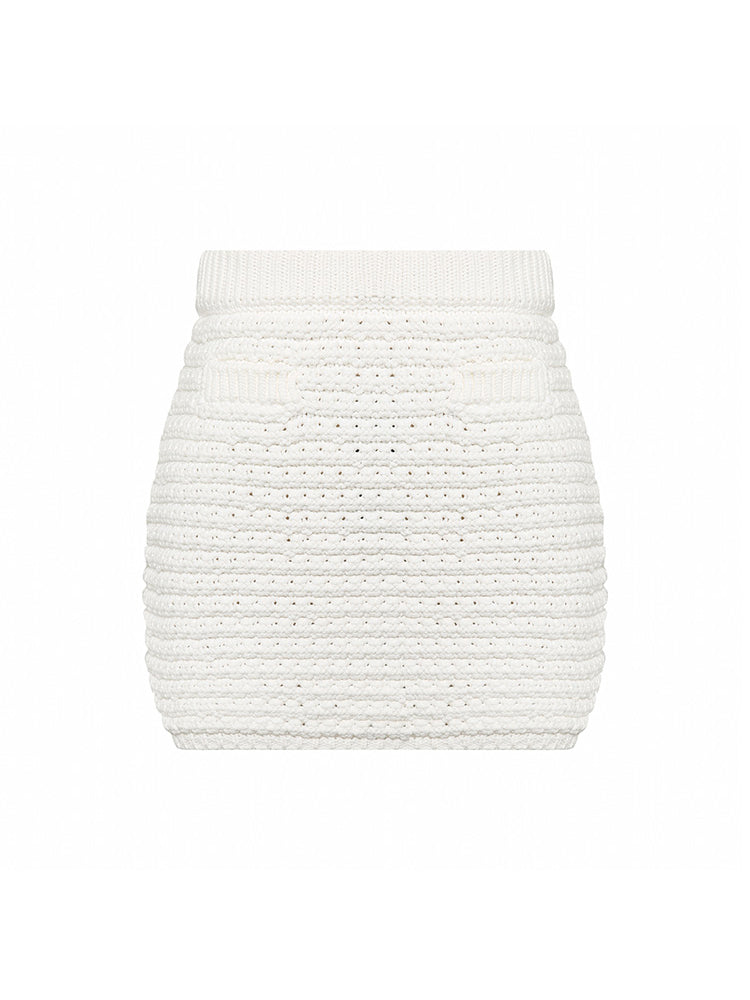 White Openwork Knit Bodycon Midi Skirt