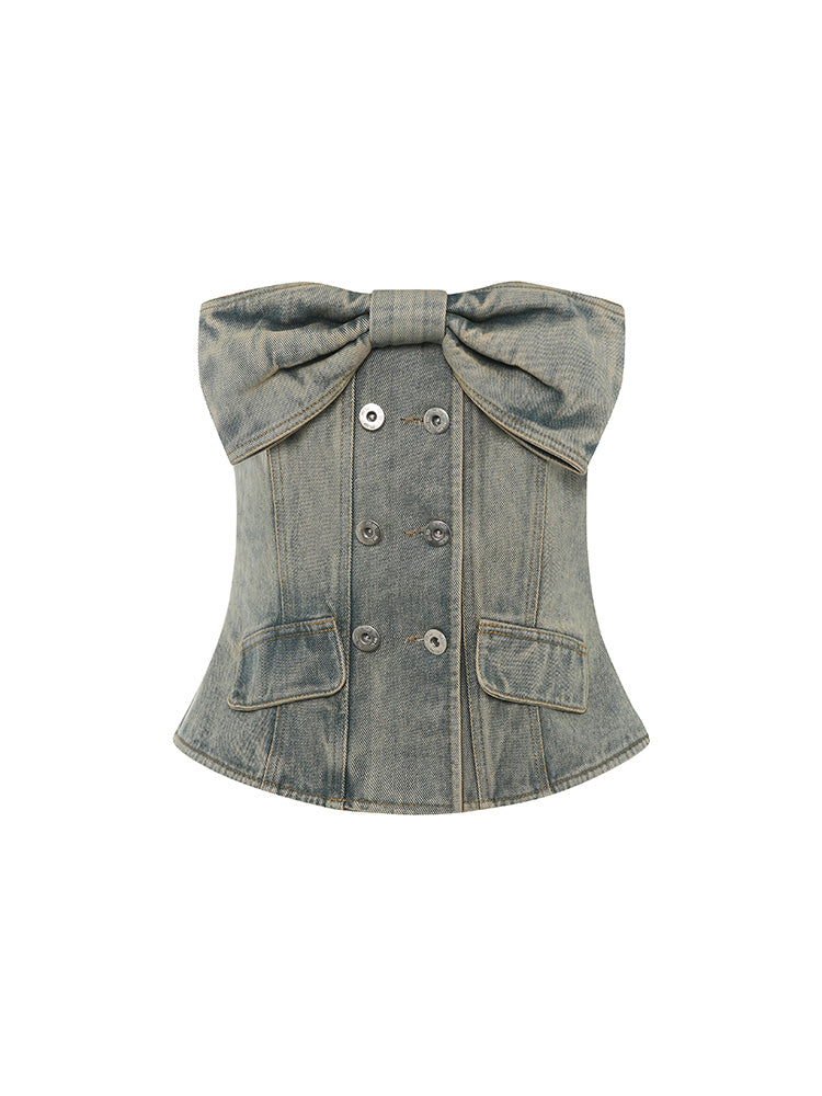 Vintage Distressed Bow Accentuated Denim Strapless Top