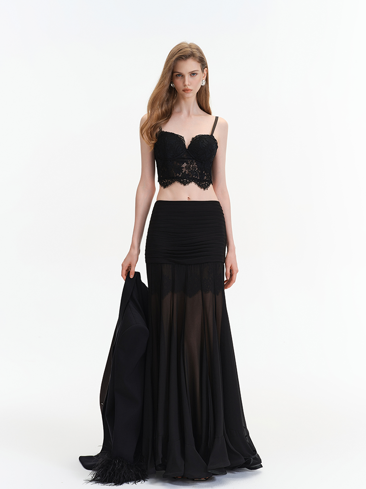 Black Textured Tulle Boned Camisole