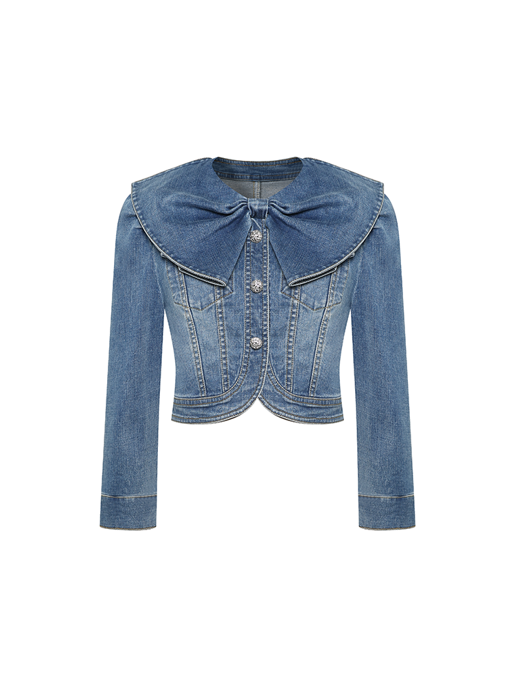 Bow Accentuated Blue Denim Jacket