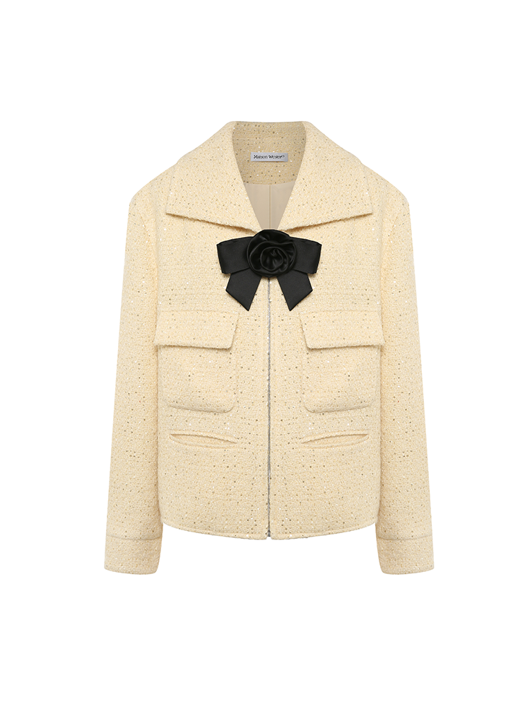 Crewneck Short Wool Blend Coat with Gold Buttons
