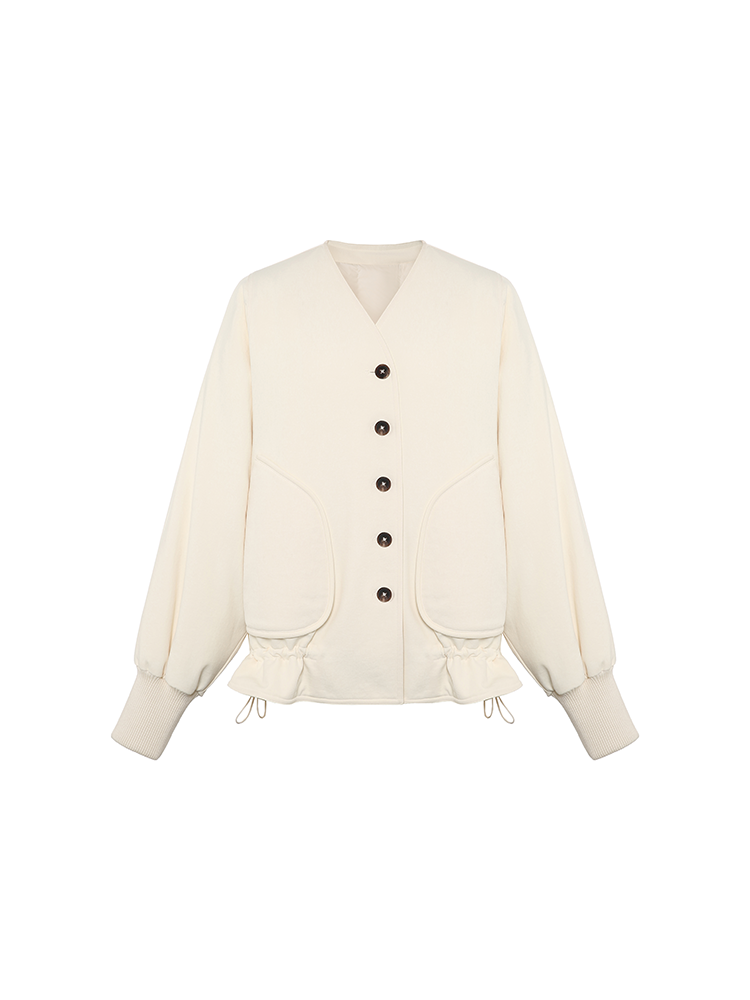 Off-White Short Jacket with Crew Neck and Ruched Hem