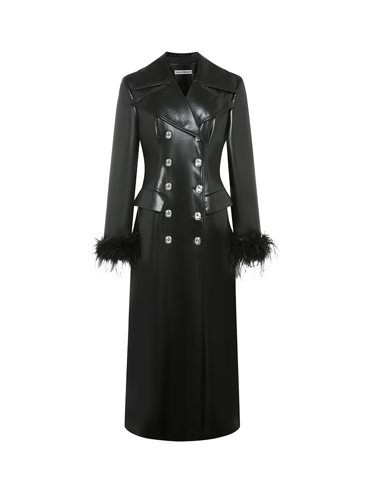 Black Ostrich Feather PU Leather Trench Coat