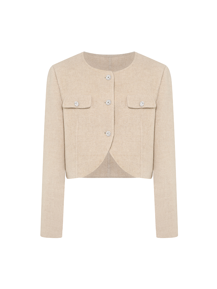 Crew Neck Cropped Wool Blend Coat