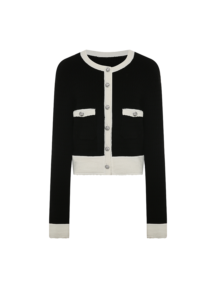 Black and White Color Block Knit Cropped Cardigan