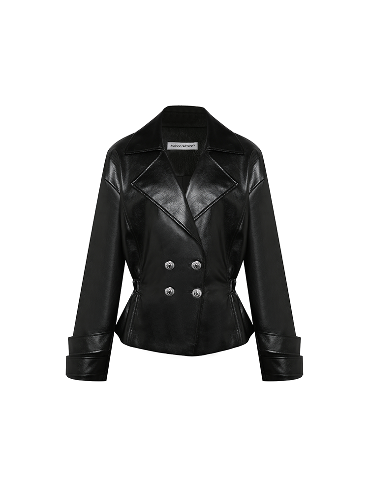 Black Leather Coat with Rhinestone Buttons