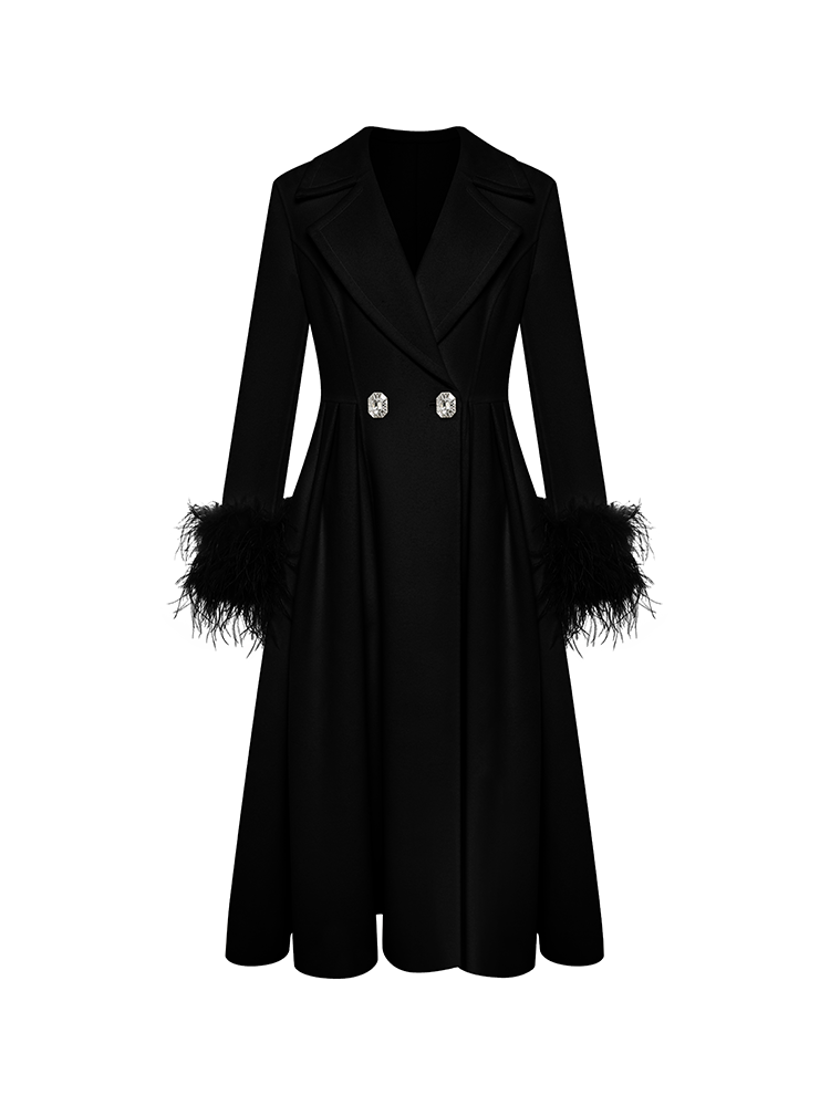 Wool Blend Coat with Feather Embellishments on Cuffs