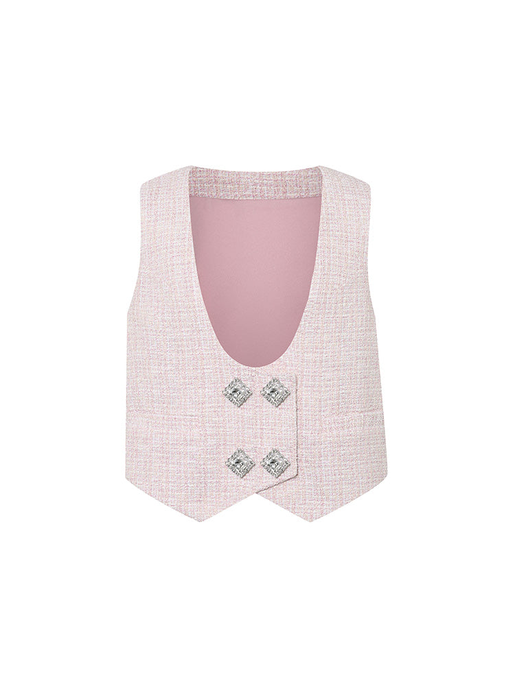 Light Pink Tweed Rhinestone Double Breasted Vest
