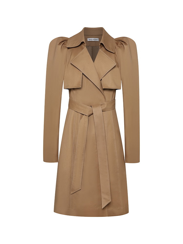 Khaki Trench Coat with Puffed Sleeves and Self Tie Waist