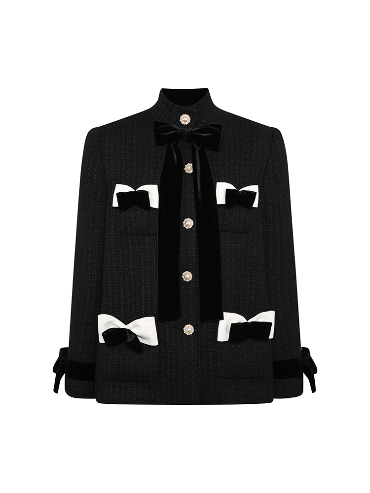 Black Wool Velvet Bow Coat