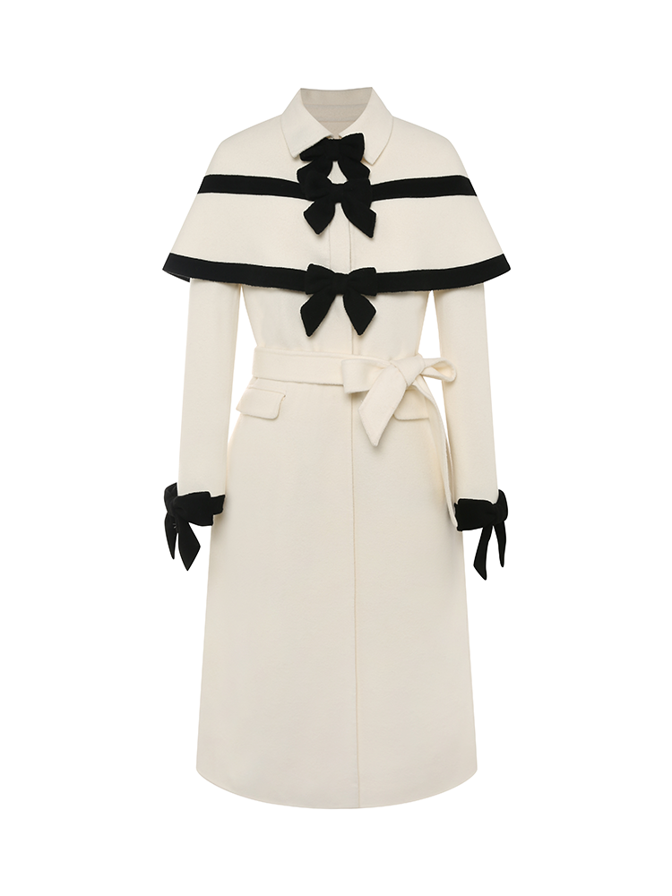 A15Black and White Velvet Bow Shawl Style Woolen Coat