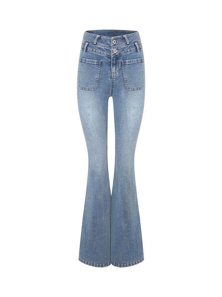 Blue High Waisted Flared Denim Pants with Front Pockets