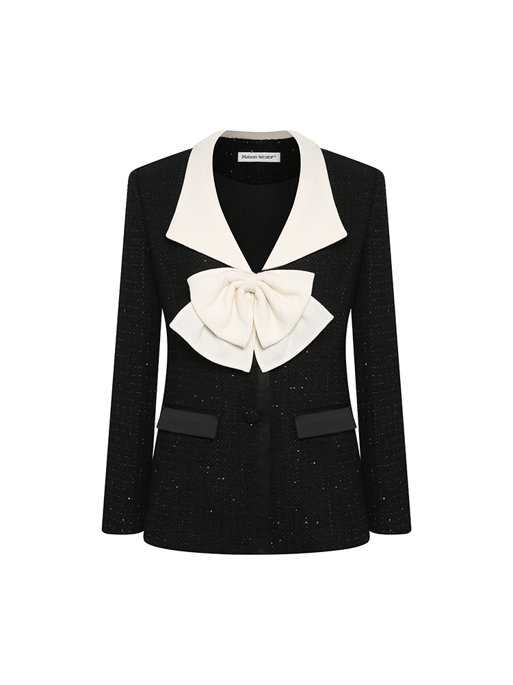 Sweet Color Block Tweed Bow Accentuated Blazer