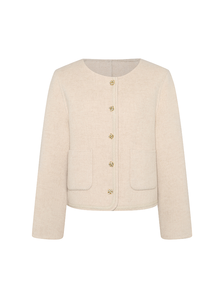 Crewneck Short Wool Blend Coat with Gold Buttons