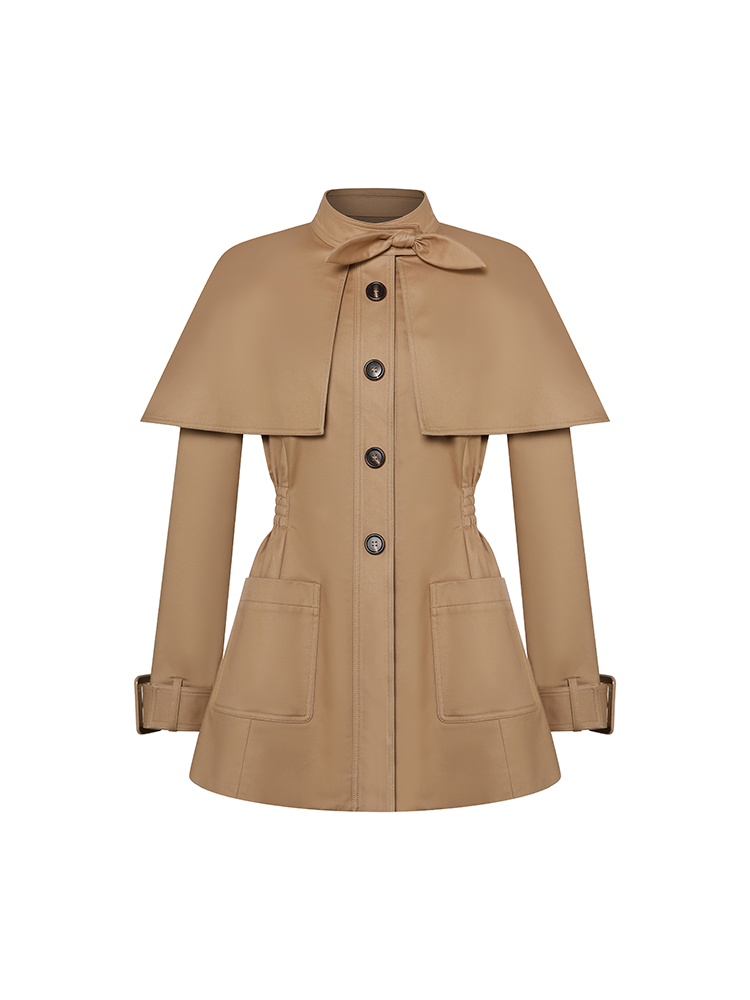 Khaki Cape Style Waist Cinched Trench Coat