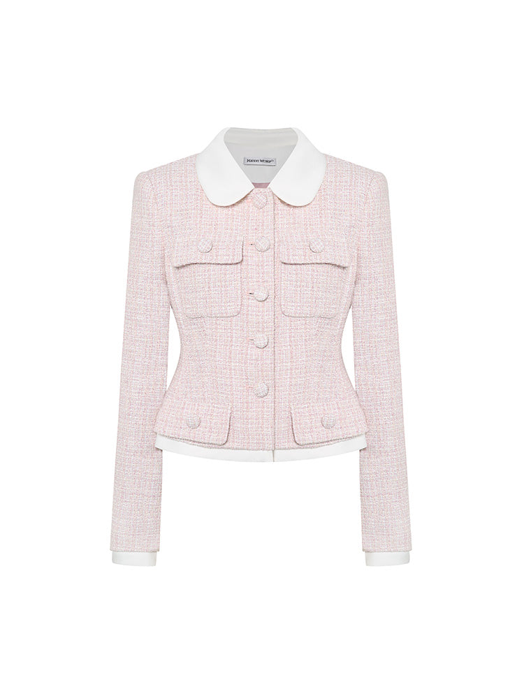 Pink and White Color Blocked Tweed Coat