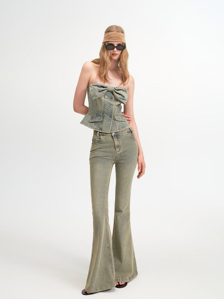 Vintage Distressed Bow Accentuated Denim Strapless Top