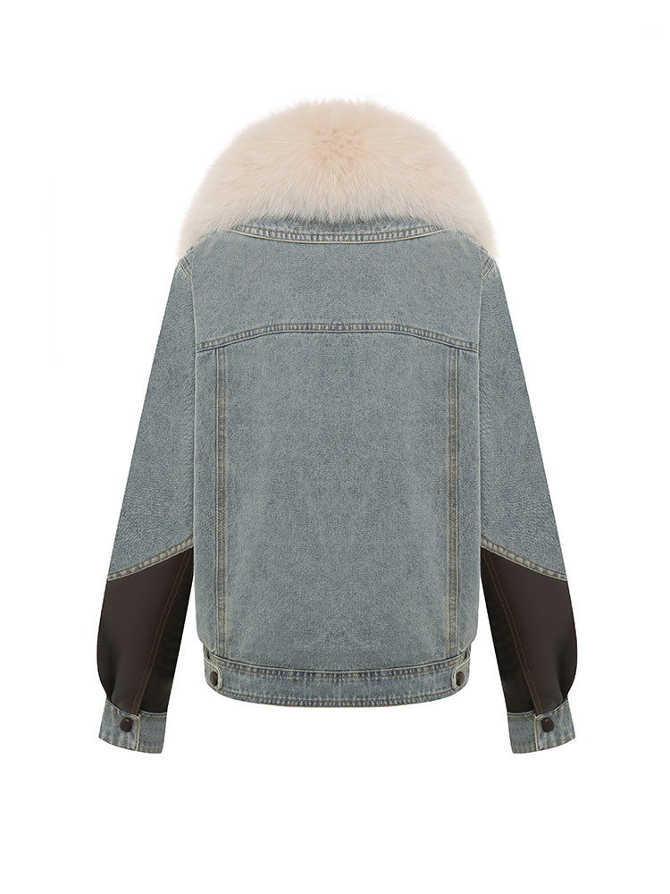 Light Denim Jacket with Faux Fur Collar
