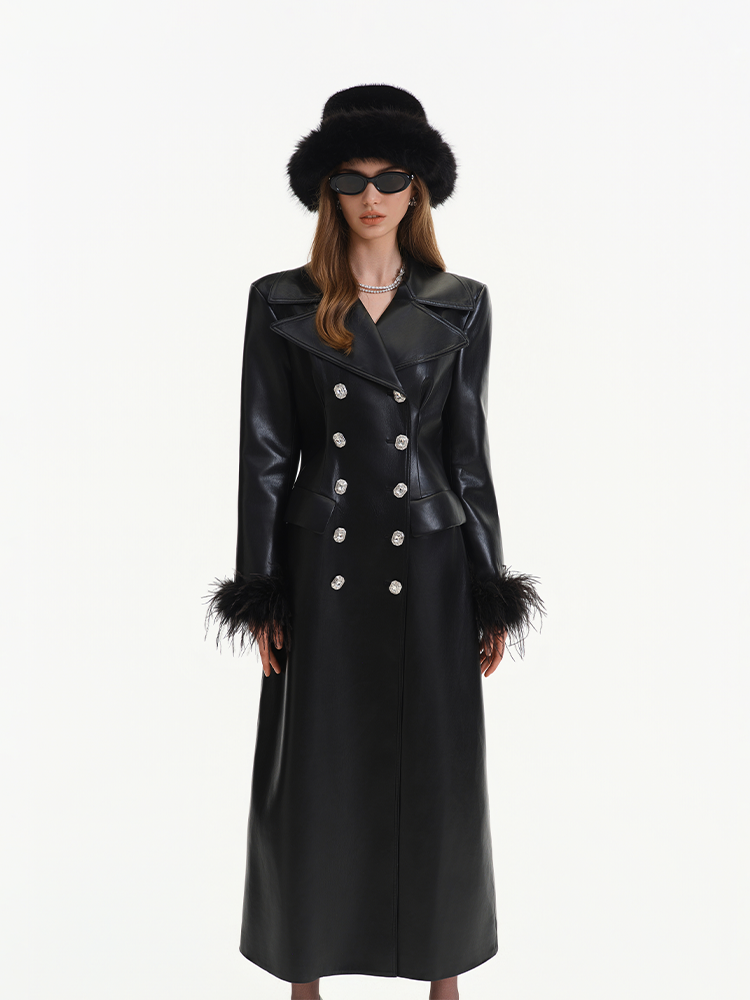 Black Ostrich Feather PU Leather Trench Coat