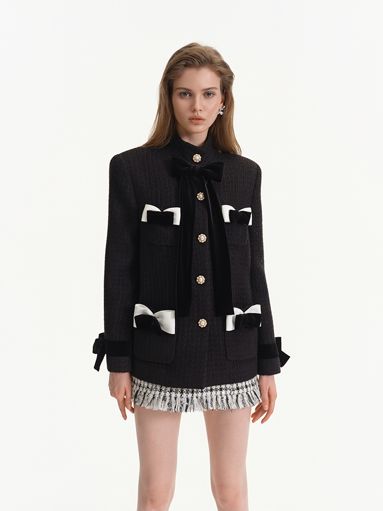 Black Wool Velvet Bow Coat