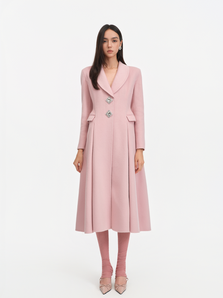 Soft Pink Diamond Button Wool Trench Coat with Tailored Collar