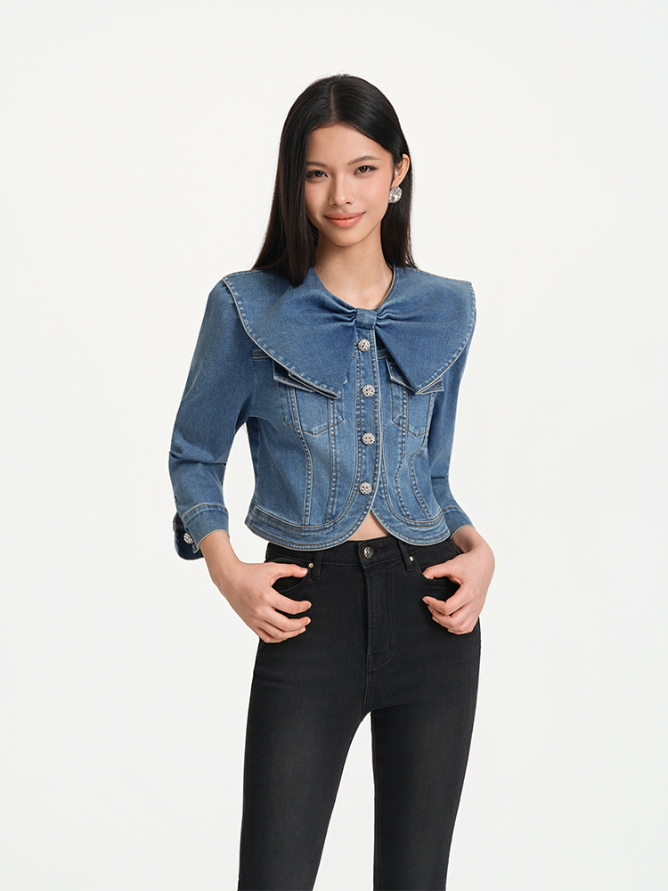 Bow Accentuated Blue Denim Jacket