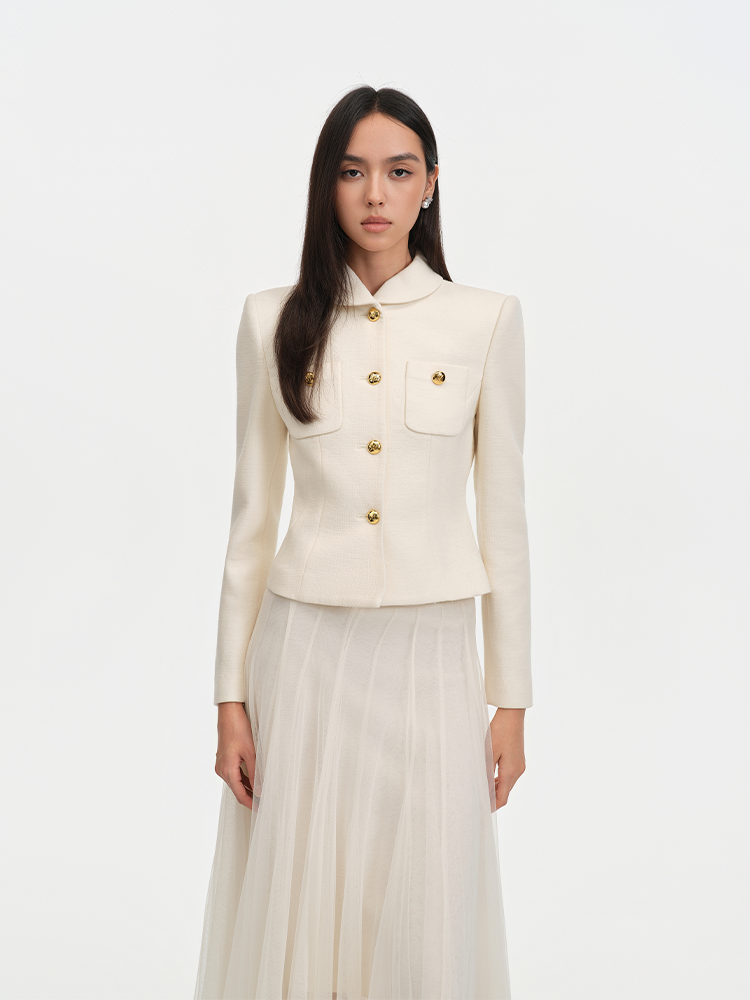 White Crew Neck Coat with Gold Buttons
