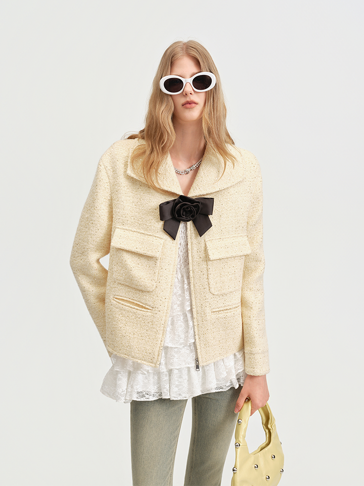Crewneck Short Wool Blend Coat with Gold Buttons