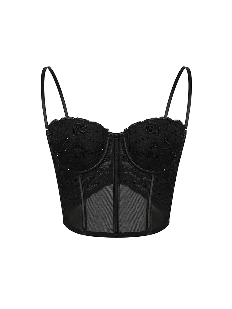 Black Textured Tulle Boned Camisole