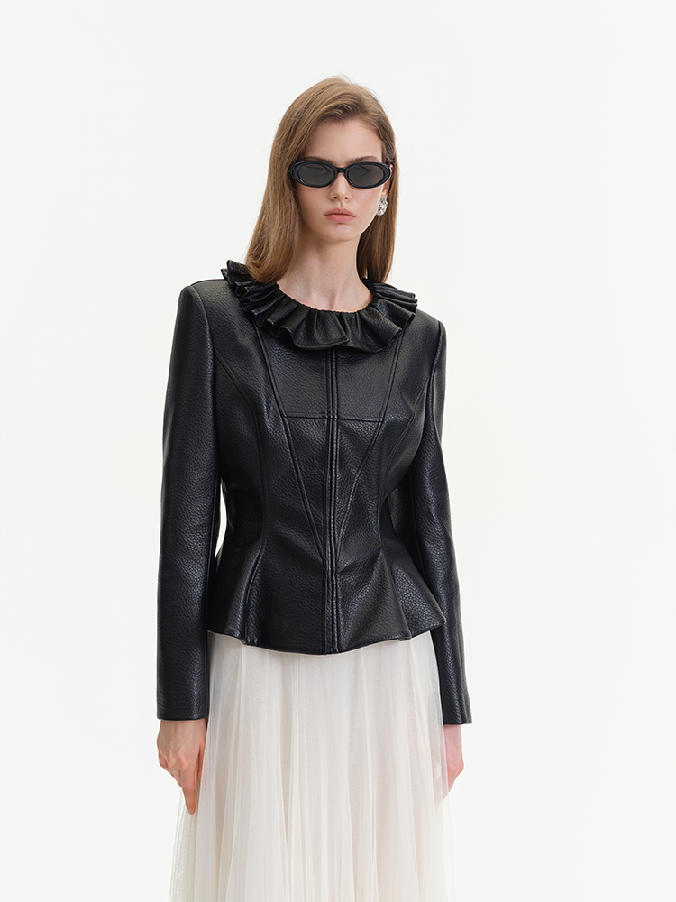 Black Leather Coat with Rhinestone Buttons