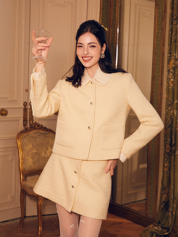 Cream Yellow Lace Collar Tweed Short Jacket