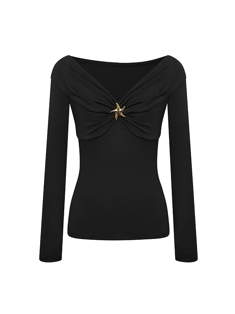 Starfish Button V-Neck Knitted Ruched Top