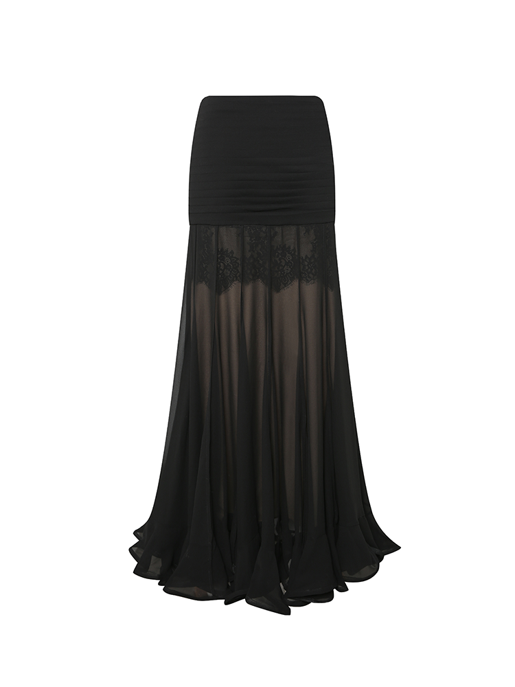 Black Ruched Tulle Mermaid Midi Skirt