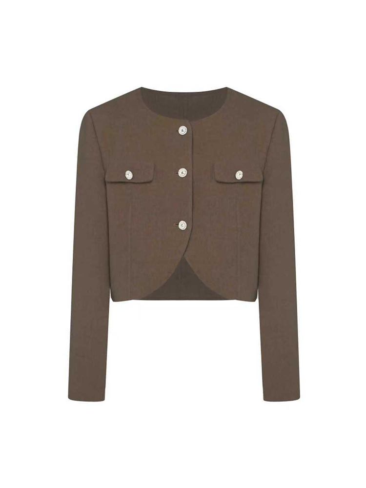 Crew Neck Cropped Wool Blend Coat