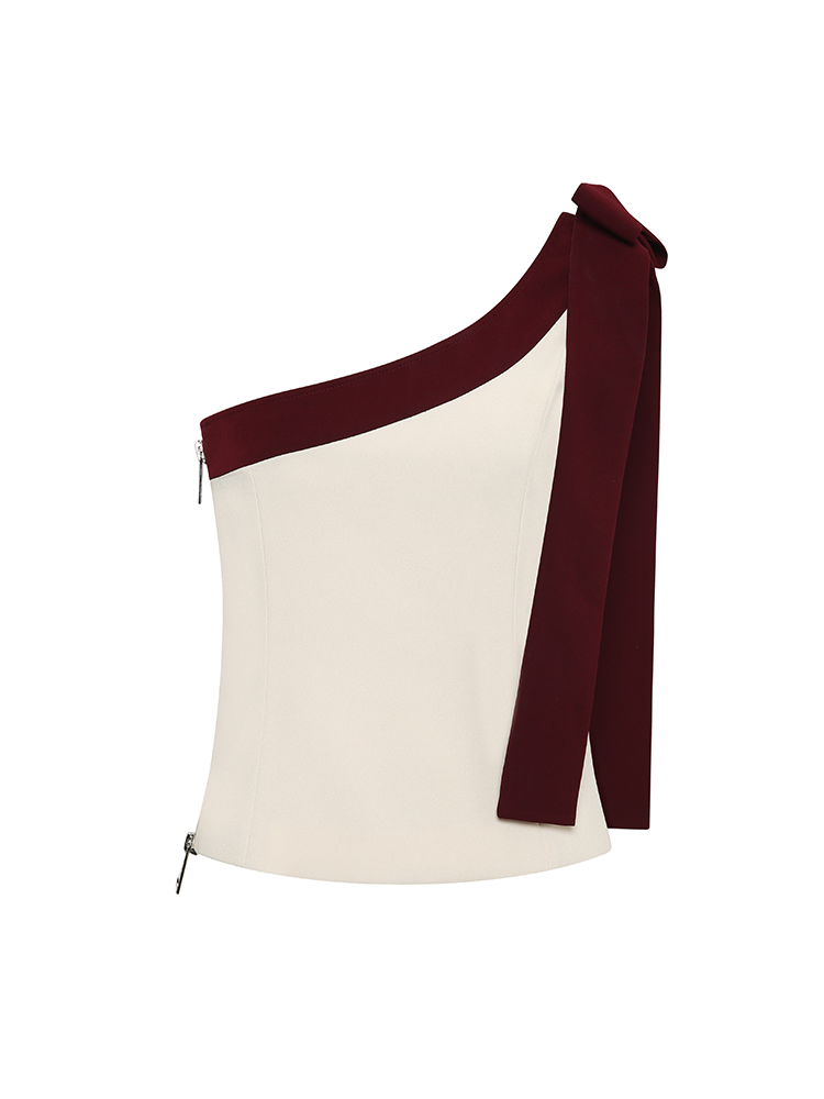 White and Red Contrast Color Asymmetric Shoulder Top