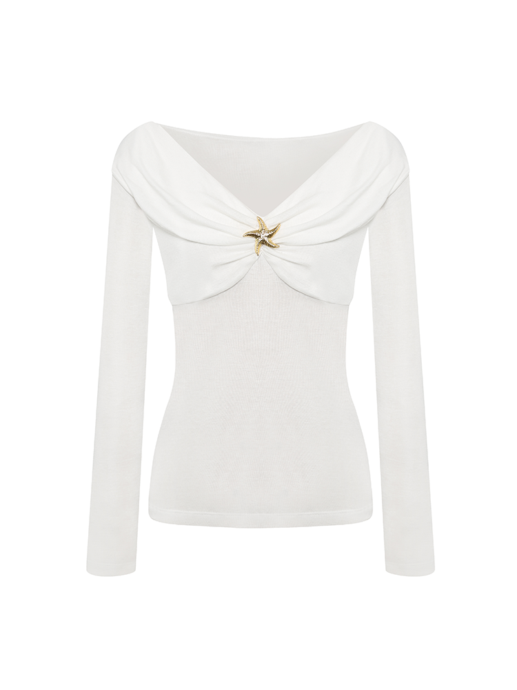 Starfish Button V-Neck Knitted Ruched Top