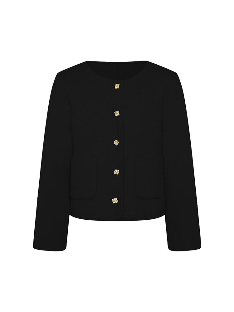 Crewneck Short Wool Blend Coat with Gold Buttons