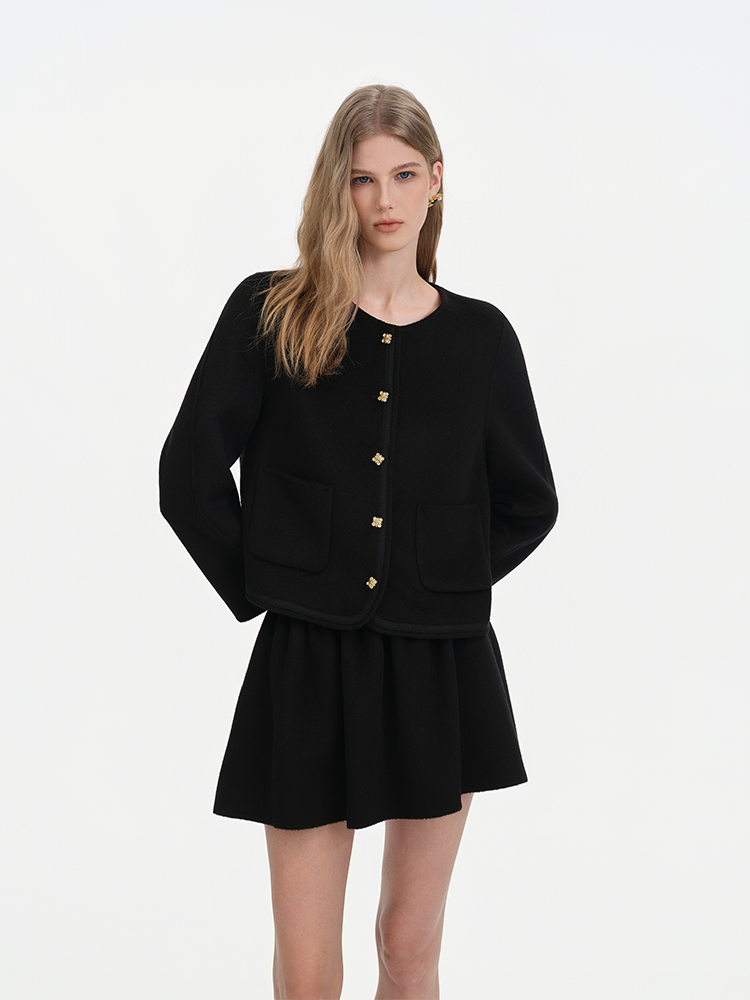 Crewneck Short Wool Blend Coat with Gold Buttons
