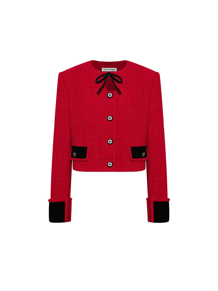 French Elegant Red And Black Tweed Short Coat