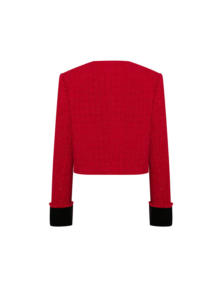 French Elegant Red And Black Tweed Short Coat