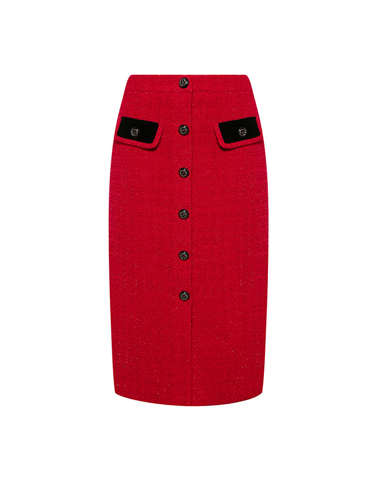 French Elegant Red And Black Pocket Button Skirt