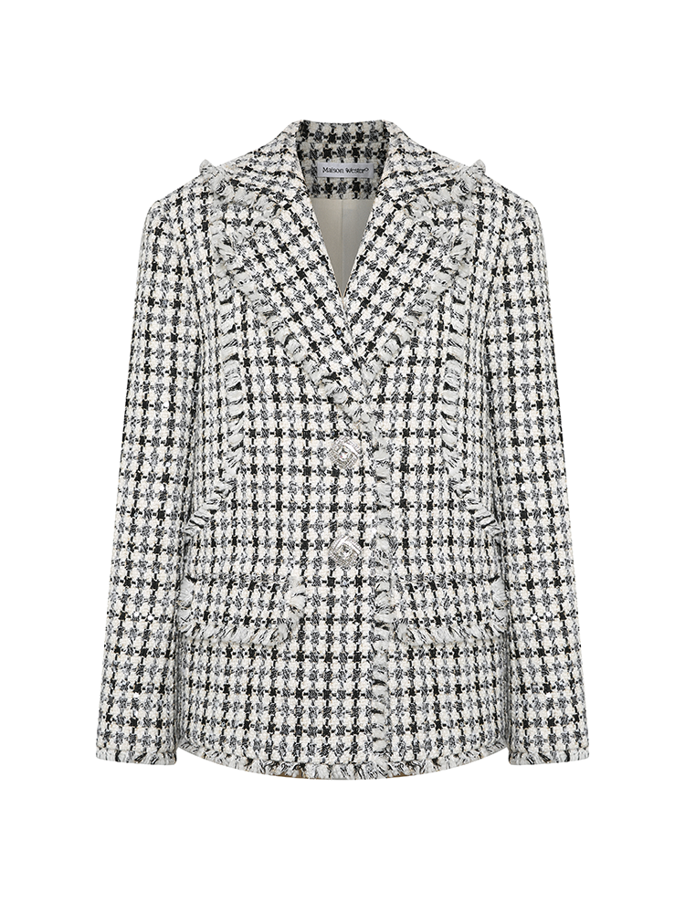 Plaid Collar Jacket with Frayed Edges