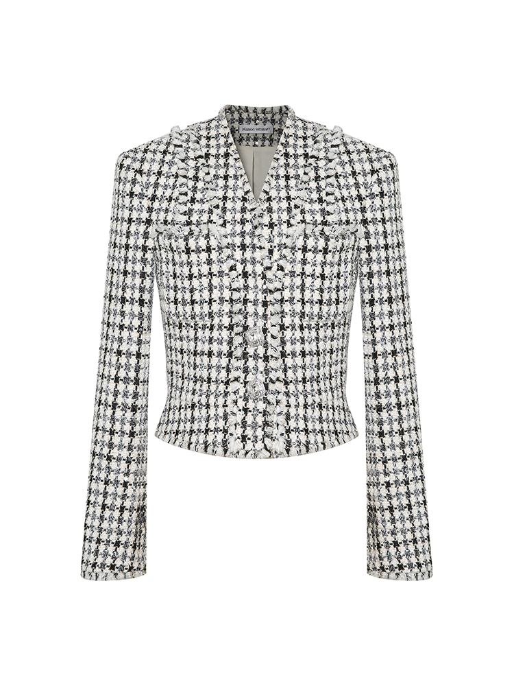 Black and White Tweed V-Neck Jacket