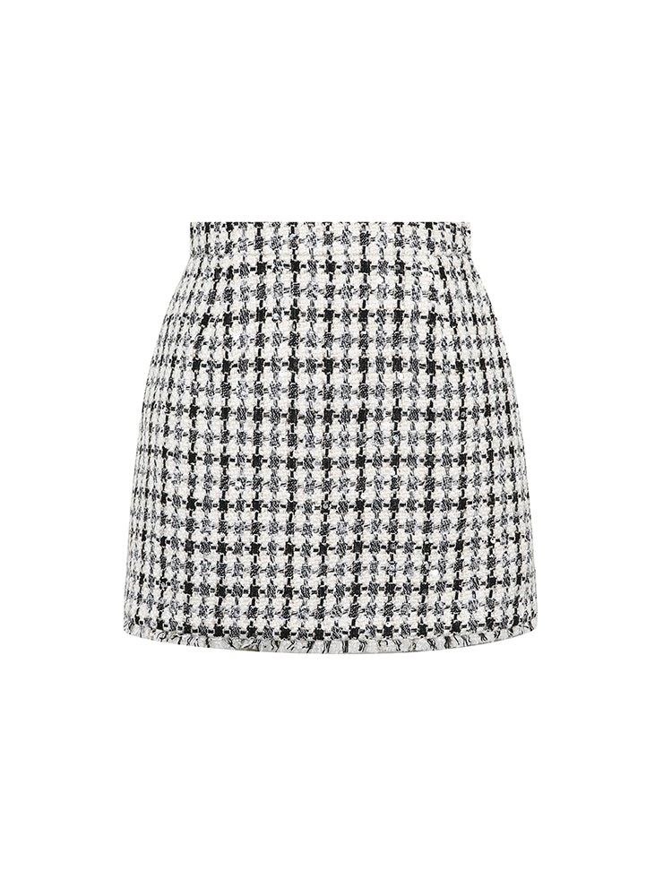 Black and White Tweed Plaid Mini Skirt