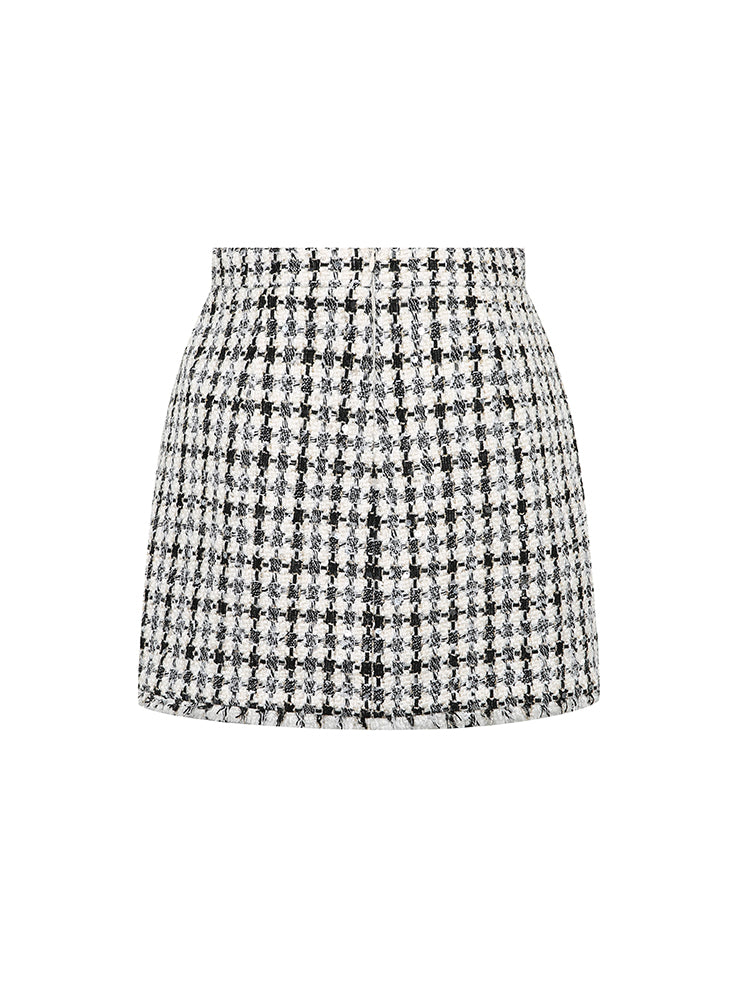 Black and White Tweed Plaid Mini Skirt