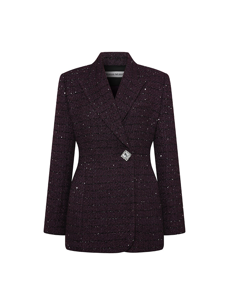 Sequin Waist Cinched Diamond Buttoned Jacket