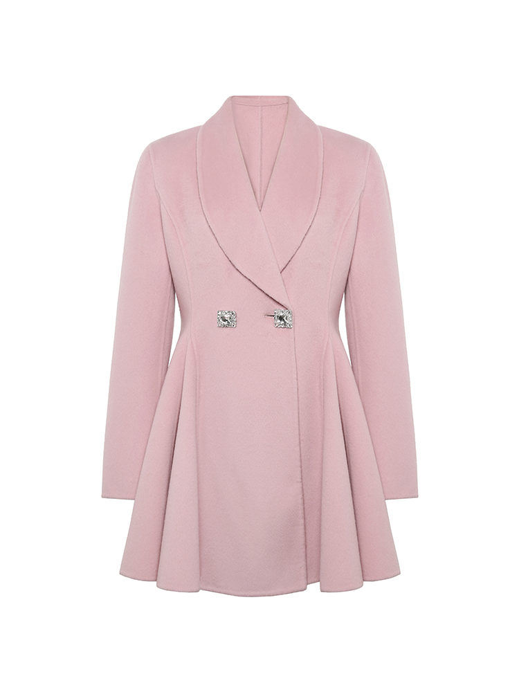 Wool Blend Coat with Blazer Collar and Flared Hem